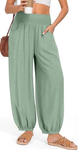 TARSE Womens Linen Wide Leg Pants Casual Loose Elastic Waisted Barrel Beach Palazzo Pants with Pockets in Kuwait