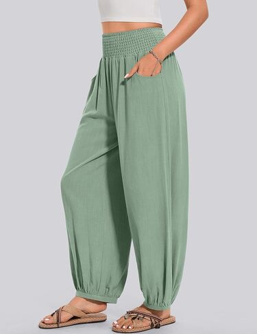 TARSE Womens Linen Wide Leg Pants Casual Loose Elastic Waisted Barrel Beach Palazzo Pants with Pockets in Kuwait