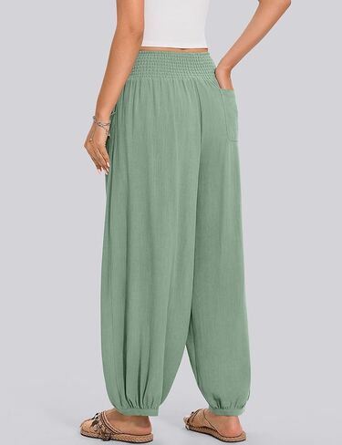 TARSE Womens Linen Wide Leg Pants Casual Loose Elastic Waisted Barrel Beach Palazzo Pants with Pockets in Kuwait