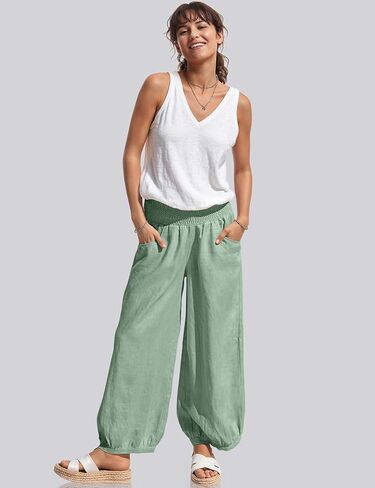 TARSE Womens Linen Wide Leg Pants Casual Loose Elastic Waisted Barrel Beach Palazzo Pants with Pockets in Kuwait