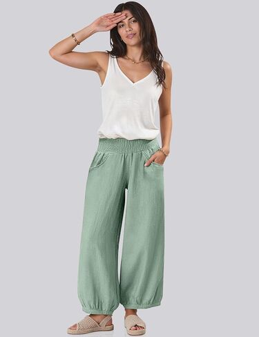 TARSE Womens Linen Wide Leg Pants Casual Loose Elastic Waisted Barrel Beach Palazzo Pants with Pockets in Kuwait