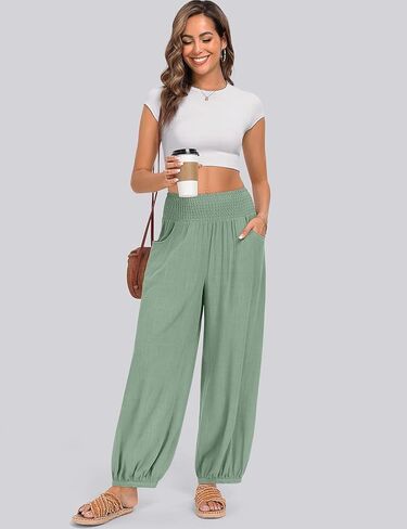 TARSE Womens Linen Wide Leg Pants Casual Loose Elastic Waisted Barrel Beach Palazzo Pants with Pockets in Kuwait