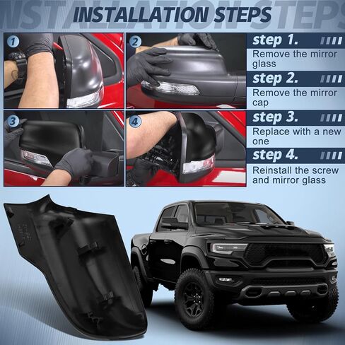 غطاء مرآة السيارة الجانبي للركاب الأيمن متوافق مع ملحقات Dodge RAM 1500 البديلة 2019-2025 مع ضوء الإشارة المنعطف ، الأسود in Kuwait