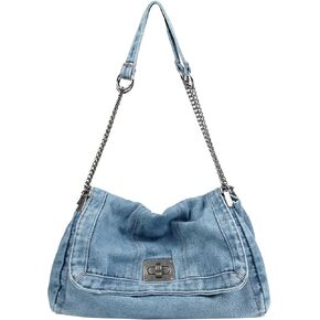 Denim Tote Bag for Women Fashion Adjustable Chain Shoulder Handbag Crossbody Bag Retro Zipper Hobo Purse