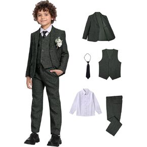Suits for Boys Tweed Herringbone 5 Piece Toddler Kids Wedding Outfit Teen Boy Blazer Vest Pant Suit Tuxedo Set with Shirt Tie