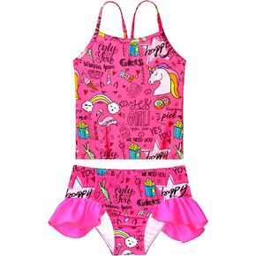 Girls Tankini Swimsuit Two Piece Bathing Suits Set Spaghetti Straps with Ruffled Hem Summer UPF 50+ Bikini Swimwear