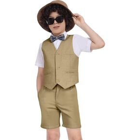 Boys Linen Suit Summer 3 Pieces Slim Fit Kids Suits Beach Wedding Outfit Vest Shorts Shirt Set and Bow Tie