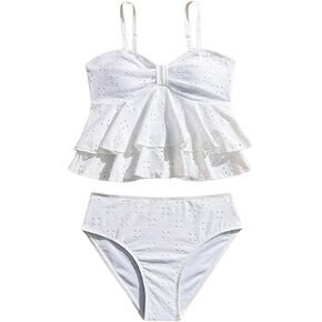 MakeMeChic Girl's Tankini Swimsuits SetsRuffle Tiered Spaghetti Strap Eyelet Embroidery Bathing Suit in Kuwait