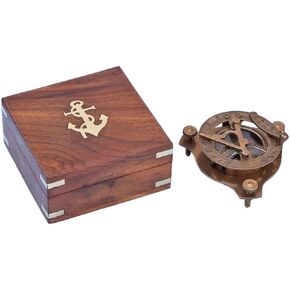 Hampton Nautical 3xglass-101 Solid Brass Captain's Triangle Sundial Compass w/Rosewood Box 3" Decor-Nautical Home