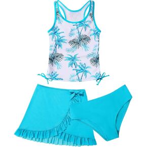 ESHOO Girls Bikini Swimsuit 3 Piece Tankini Suit Kids Cute Bathing Set with Cover Up Beach Skirt Swimear for 7-14 Years