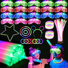 SHQDD136 PCS Glow in the Dark Party Supplies, New Year Party Favors18 Foam Glow Sticks, 18 LED Glasses and 100 Glow Sticks Bracelets,Neon Party Favors for Glow Party,Wedding,Concert,Raves and Birthday