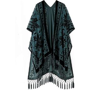 Wehello Women's Burnout Velvet Kimono Cardigan Long Cardigan to Up with Tassel Dark Green