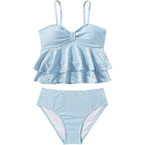 MakeMeChic Girl's Tankini Swimsuits SetsRuffle Tiered Spaghetti Strap Eyelet Embroidery Bathing Suit