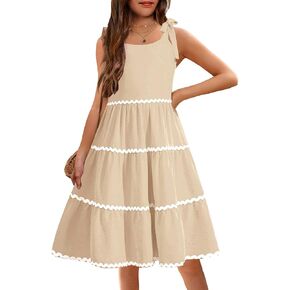 Arshiner Girl's Sundresses Summer Boho Tie Shoulder Cami Midi Tiered Dresses with Pockets