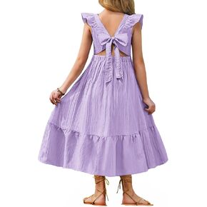 Arshiner Girls Summer Tie Back Dress Tween Boho Casual Square Neck Flutter Sleeve Maxi Dresses with Pockets