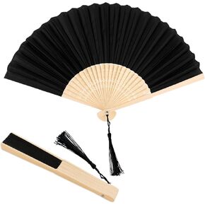 2 Pack Bamboo Silk Folding Fans, Handheld Accordion Fans with Black Fabric, Vintage Decorative Fans for Dance, Performance, Party, Wedding and Home Decor