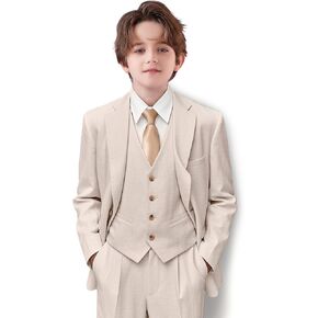 Boys Suit Linen Breathable 3 Piece Summer Slim Fit Kids Linen Suit Teen Blazer Vest Pant Set