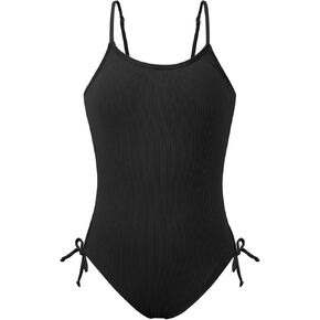 Girls One Piece Swimsuits Ribbed Bathing Suit Spaghetti Strap Swimming Girls' Swimwear Adjustable Swim Suit