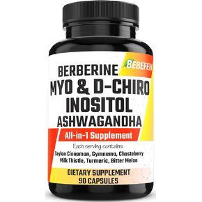كبسولات Bebefen Myo-Inositol & D-Chiro inositol مع Ashwagandha ، البربرين ، القرفة ، صالة الألعاب الرياضية ، Chasteberry ، Thistle ، الكركم ، البطيخ المرير-90 كبسولة