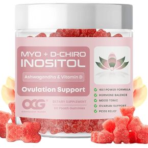 Myo-Inositol & D-Chiro inositol Gummies مع Ashwagandha | دعم الإباضة والمزاج ، 40: 1 نسبة إينوسيتول لتوازن الهرمونات ، وخالية من السكر ، ودعم متلازمة تكيس المبايض (60 صمخة)