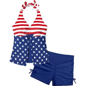WIQI Girls Swimsuit 2 Piece Tankini Bathing Suits Floral Print Halter Neck Swimwear with Shorts Size 9-16