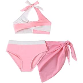 Girls Swimsuit 3 Pcs Bathing Suits Cute Bikini Sets with Solid Color Cover Up Skirt 5-14 Years