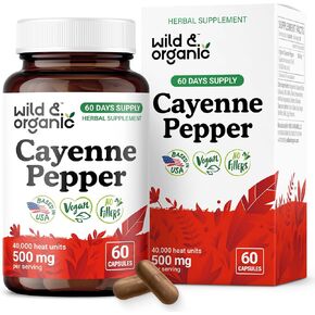 Wild & Organic Cayenne Pepper Capsules 500 mg - Digestive Support - Pure Cayenne Pepper Extract - Capsaicin Supplements - Vegan, No Fillers, Non-GMO - 60 Count