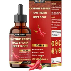 PENHOMENT10in1 Liquid Drops Cayenne Pepper Hawthorn Berry Vitamin D3 K2, Beet Root, Ginger and More - Digestion Support - 1 Fl Oz - 60 Day Supply