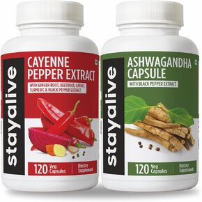 STAY ALIVE Cayenne and Ashwagandha Bundle w/Black Pepper Extract Capsules, 240 Vegan Pills, Non-GMO & Gluten Free Ashwagandha Cayenne Pepper Supplement