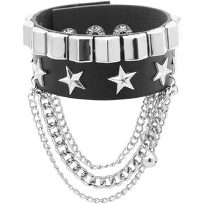 VJOSA Punk Rock Vintage Star Studded Wristband Alloy Pyramid Rivet Multi Layer Chain Leather Cuff Bracelet