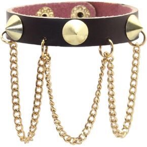 VJOSA Punk Rock Vintage Alloy Spike Rivets Studded Chain Pu Leather Cuff Bracelet