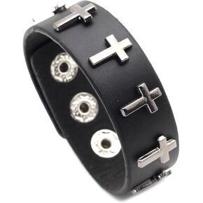 VJOSA Punk Rock Vintage Cross Studded Pu Leather Cuff Bracelet