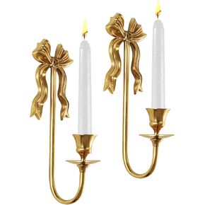Vintage Gold Bow Candle Holders Set of 2, Solid Brass Wall Mounted Tapered Candle Sconce, Candle Holder Wall Decor for Living Room, Bedroom and Hallway