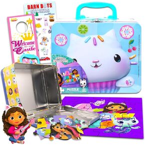 Dreamworks Gabby's Dollhouse Lunch Box & Puzzle Set - صندوق غداء القصدير ، ألغاز 24 قطعة ، ملصقات ، شماعات الباب