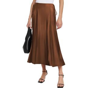 SEBOWEL Women Satin Maxi Long Skirt Silk Side Tie A Line Swing Midi Skirt Silky Flowy Ruffle Pleated Cocktail Party Skirts