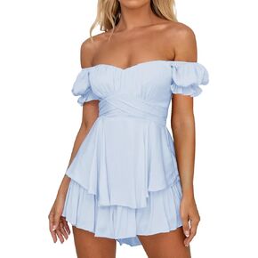 Rompers for Women Boho Off Shoulder Rompers Short Sleeve Ruffle Layer Back Tie Mini Short Jumpsuit