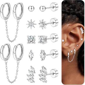 YADOCA Gold Flat Back Earrings for Women, 14K Gold Plated Trendy Cartilage Earring Sets for Multiple Piercing Hypoallergenic Small Huggie Hoop Earrings Stacks with Dangle Chain Dainty Gold Stud Earrings