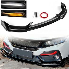 تقويم الشفاه الأمامية المصد مع ضوء LED متوافق مع 2017-2021 Honda Civic Hatchback & SI ، مفسد سد الهواء الأسود اللامع مع أضواء الجري أثناء النهار من 17-21 ، حماية الذقن السفلى