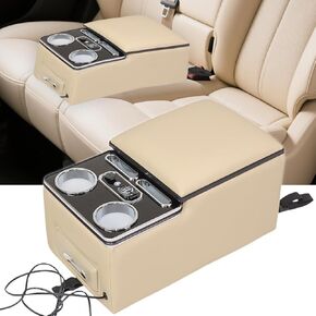 Center Console, Upgraded 7-Color Mood Lighting Center Console Organizer, Rear Bench Seat Armrest with Fast Phone Charging, Back Bench Seat Storage Box for Car Minivan Van Truck（Beige）