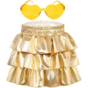 Girls Metallic Skirt, Shiny Girls Dance Skirt Ruffle Skirt Girls Glitter Gymnastics Skirt with Sunglasses