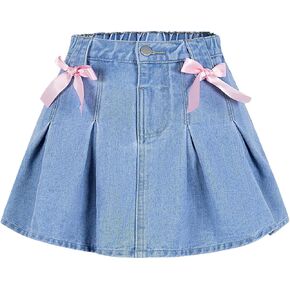 Floerns Girl's Cute Bowknot Pleated Skirt Elastic Waist Casual Denim Skirt