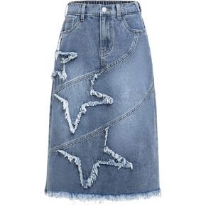 SweatyRocks Girl's High Waist Y2K Punk Distressed Raw Trim Midi Denim Skirts