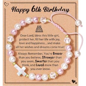 HGDEER Birthday Gifts for Girls, Adjustable Pink White Pearl Cross Bracelet for Girls Daughter Granddaughter Niece