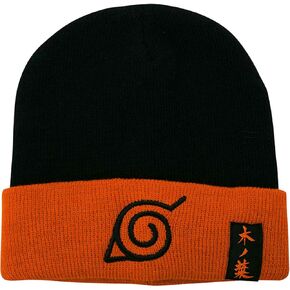Abystyle Naruto Shippuden Konoha beanie بحجم واحد أسود وبرتقالي أنيمي مانجا هبال هدية ميرش