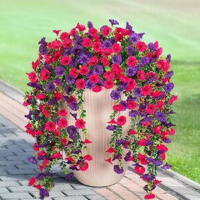 Artificial Hanging Flowers for Outdoor, 2pcs Fake Plants Long Vine Morning Glory Eucalyptus, UV Resistant Realistic Faux Greenery Indoor Outside Patio Porch Garden Spring Decor, Purple