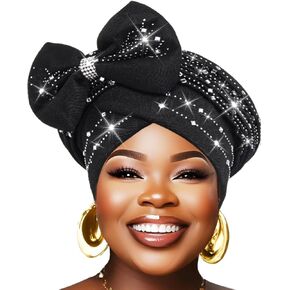 Urieo African Turbans for Black Women Rhinestone Black Beanie Cap Head Wraps Pre-tie Twisted Head Scarf
