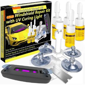 Windshield Repair Kit, 4 Pcs Glass Repair Kit for Chips and Cracks, Windshields Crack Repair Kit with Suction Cup Curing Light, Automotive Nano Fluid Vehicle Windscreen Tool Quick Fix for Chips Cracks