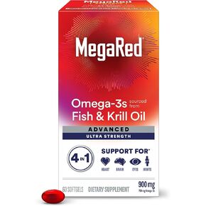 ملحق Omega-3 Fish & Krill Oil Megared 900mg-Meggared Advanced 4in1 ، 60 Softgels ، 2x More Omega-3 ، Heart ، المفصل ، الدماغ والعين ، الأحمر ، 60 COUNT