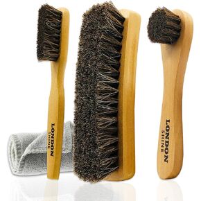 Premium Horsehair Shoe Brush Kit – 4-Piece Set of Shoe Brushes Includes Long Handle Brush, Dauber Applicators, Large Buffing Brush & Microfiber Cloth - Ideal Shoe Care Kits for Leather Shoes & Boots.