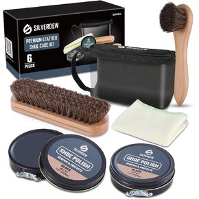 6-Piece Shoe Polish Kit, Portable Shoe Shine Kit Includes 2PCS Horsehair Brushes, 2PCS Black Shoe Polishes, Polishing Cloth and Carrying Bag, Leather Boot Care Kit for Men & Women
